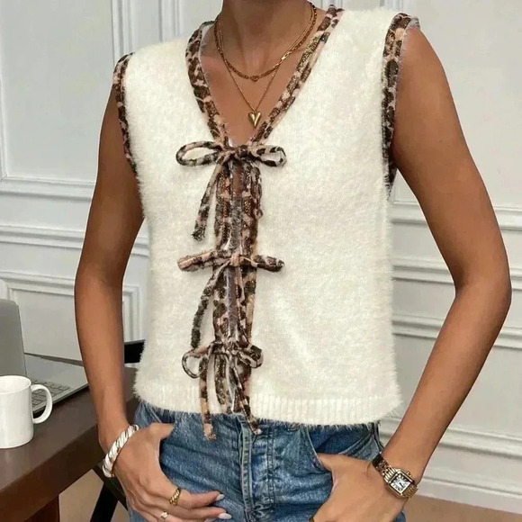 Multicolor Casual Women's Patchwork Leopard Print V-Neck Lace-Up Knitted Vest - Picture 6 of 6